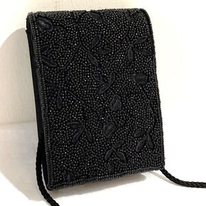 Vintage black beaded evening bag dressy satin clutch purse retro 1990's mini